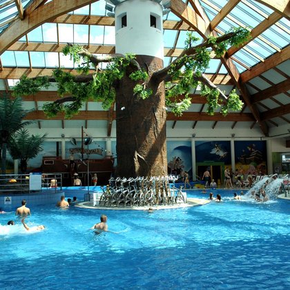 Wewnętrzny basen rekreacyjny: ludzie w basenie pływają i korzystają z masażerów wodnych i podwodnych, na półwyspie pośrodku basenu stoi kolumna w kształcie tropikalnego drzewa, dookoła niego ustawione są rowerki do zajęć Aqua Bike. 