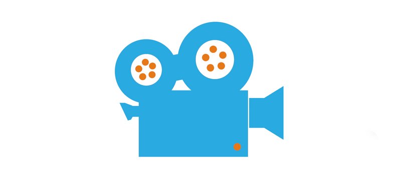 Niebieska ikona kamery video z pomarańczowymi elementami dekoracyjnymi.