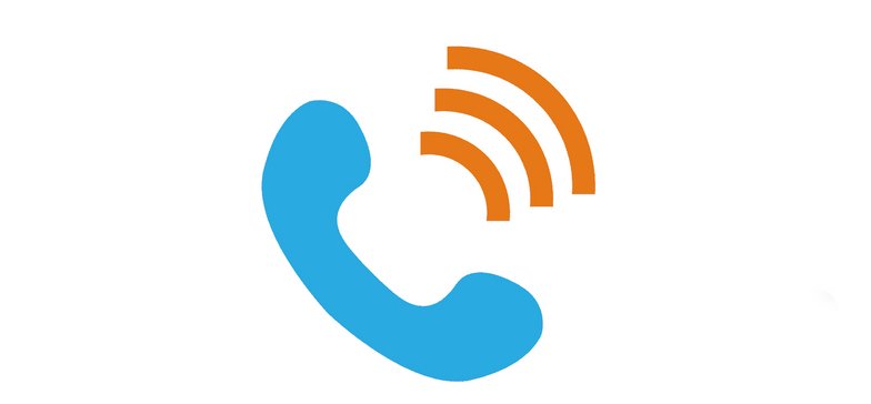 Niebieska ikona słuchawki telefonu z pomarańczowymi elementami symbolizującymi dźwięk.