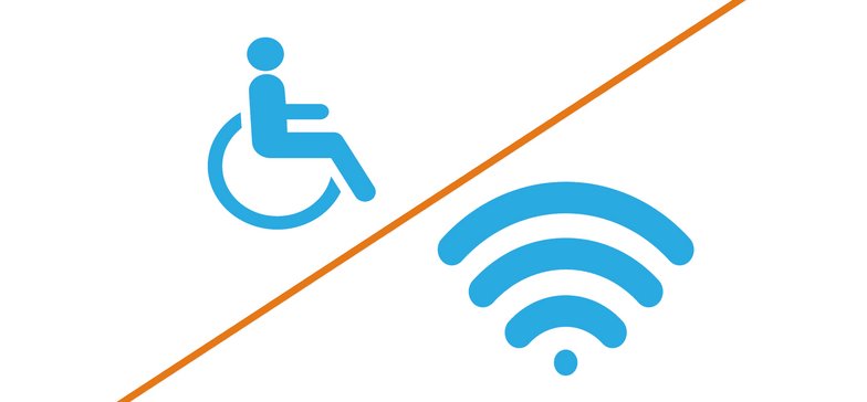 Niebieskie ikony: osoba niepełnosprawna i uniwersalny symbol WiFi oddzielone pomarańczową kreską.