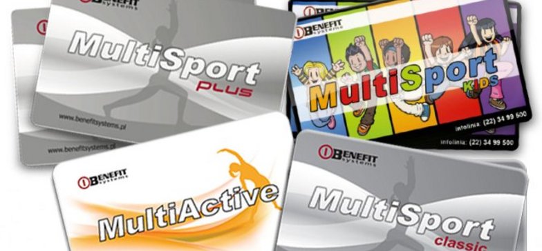 Grafiki kilku kart wydawanych przez Benefit Systems. W tym: MultiSport Plus, MultiActive, MultiSport Kids, MultiSport Classic.