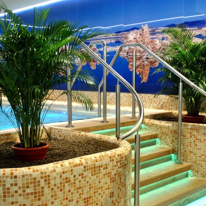 Wejście do basenu solankowego obudowanego beżową ceramiczną mozaiką. Wokół basenu fototapeta za szkłem ukazująca Morze Martwe. Schody do basenu podświetlone kolorem turkusowym. Przy schodach dwie palmy. 