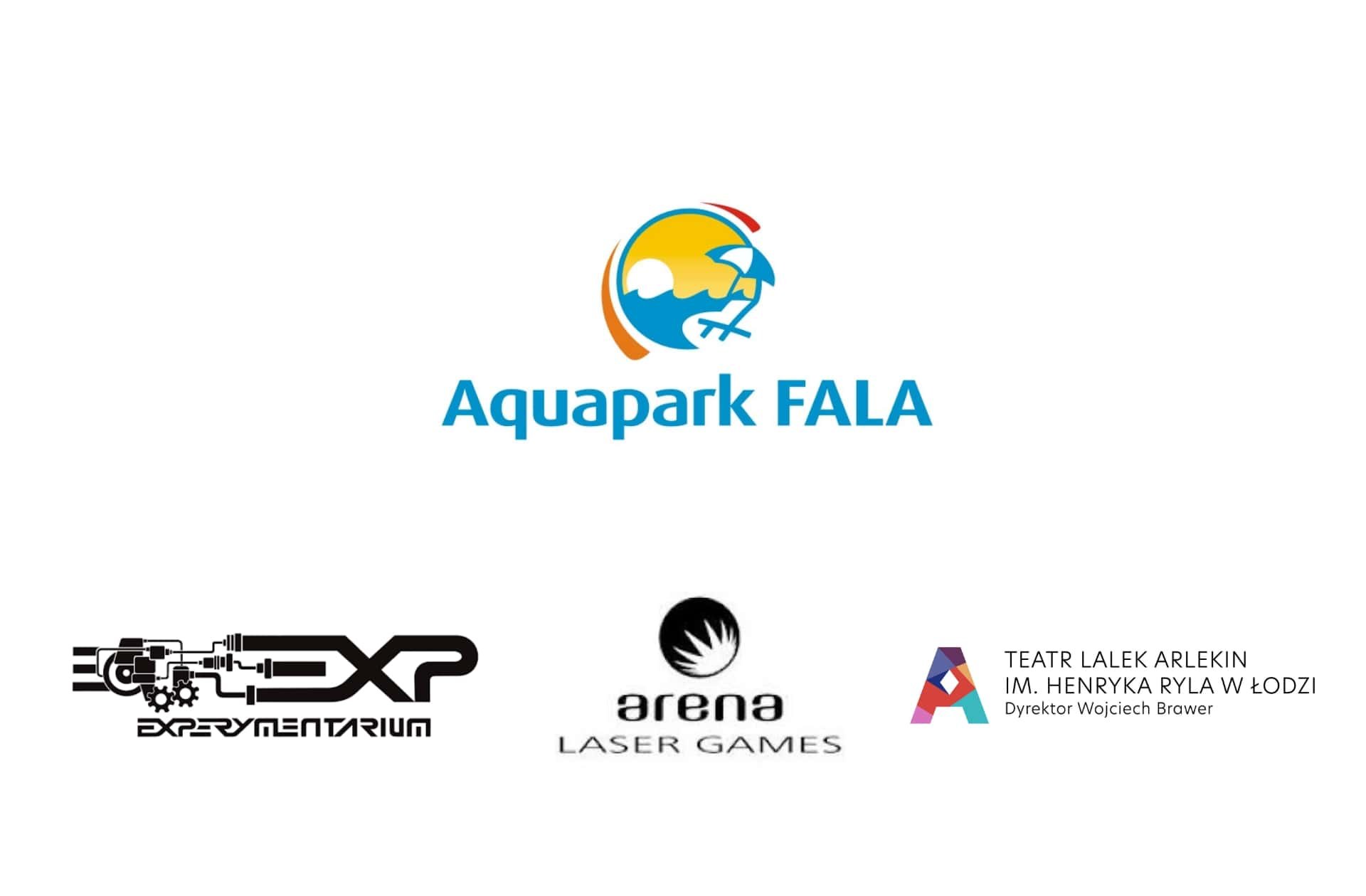 Logotypy: Aquapark FALA, Experymentarium, Arena Laser Games, Teatr Lalek Arlekin. 