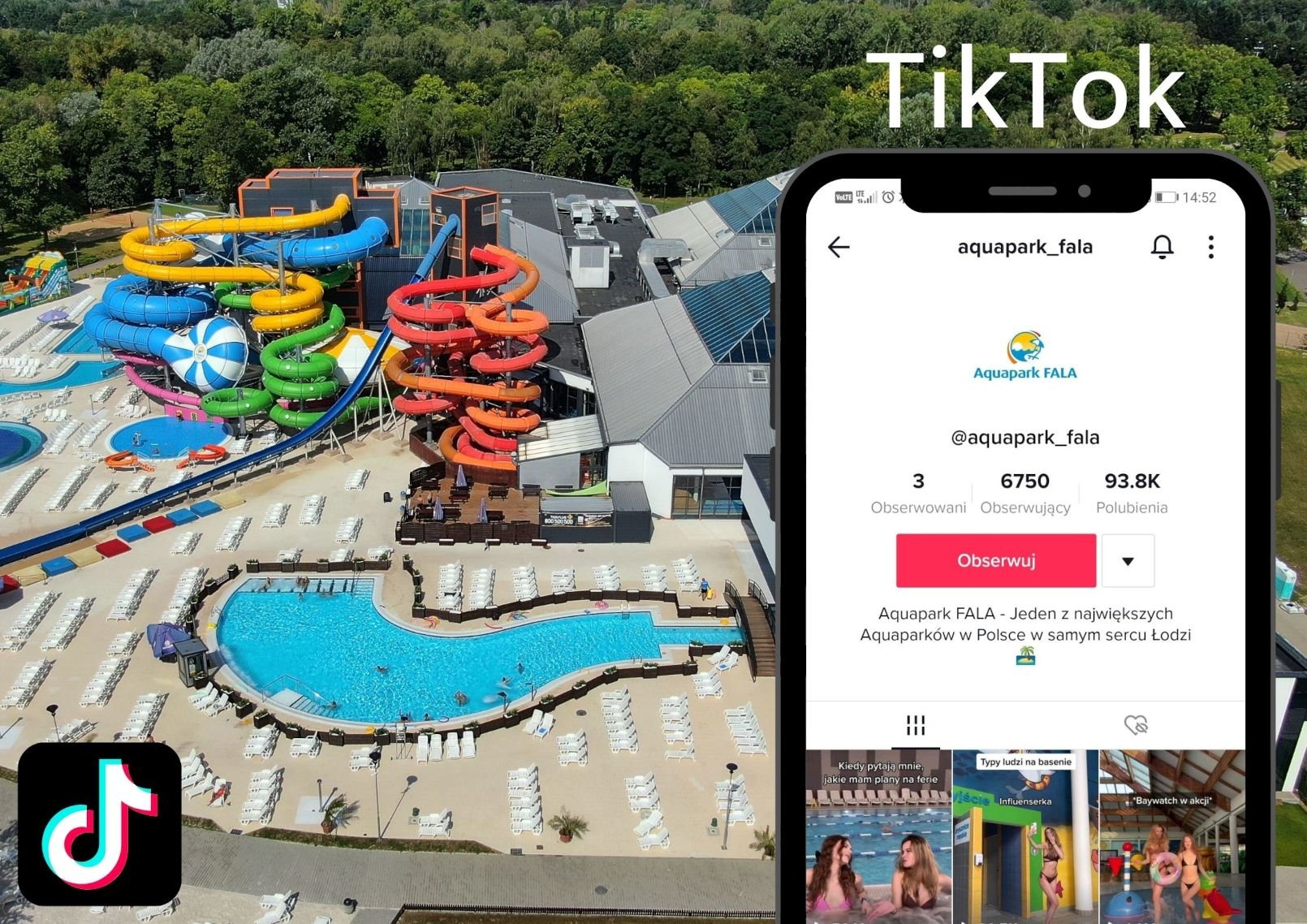 Link kierujący do oficjalnego profilu Aquaparku FALA na Tik Toku – na tle zdjęcia Aquaparku z lotu ptaka widać telefon z otwartym na nim TikTokiem Aquaparku.