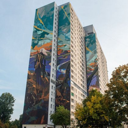 Mural z Wiedźminem na wieżowcach łódzkiego Manhattanu, fot ŁÓDŹ.PL