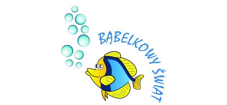 Żółto-niebieski logotyp Bąbelkowy Świat w kształcie rybki.