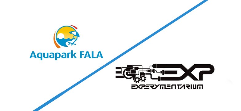 Logo Aquaparku FALA i Experymentarium oddzielone niebieską ukośną linią.