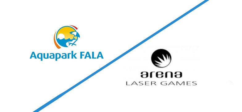 Logotypy Aquaparku FALA i Arena Laser Games oddzielone niebieską ukośną linią.