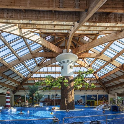 Hala basenowa z wewnętrznym basenem rekreacyjnym, przy którym stoi słup w postaci drzewa tropikalnego, podtrzymujący przeszklony sufit. W tle widać Wodny Plac Zabaw ze Statkiem. 