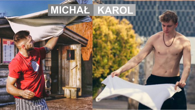Kolaż zdjęć saunamistrzów: Michała Blejdera i Karola Balcerzaka. Na zdjęciu mężczyźni machają ręcznikami. Zdjęcia wykonane są na zewnątrz, na tle ogrodu saunowego we Wrocławiu. 