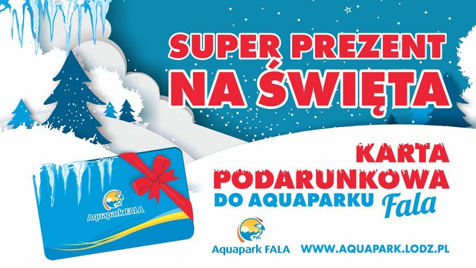 Grafika rysunkowa - Super Prezent na Święta Karta Podarunokowa do Aquaparku FALA: niebieska karta z logotypem Aquaparku FALA przewiązana czerwoną kokardą na tle zimowego krajobrazu. 
