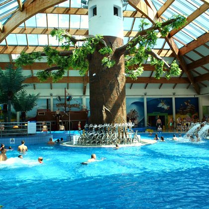 Indoor recreational pool. There is a decorative column by the pool that looks like a tropical tree. 