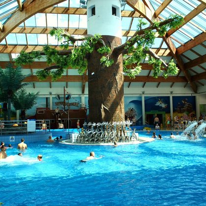 Indoor recreational pool. There is a decorative column by the pool that looks like a tropical tree.