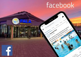 Link kierujący do oficjalnego profilu Aquaparku FALA na Facebooku – na tle Aquaparku o zachodzie słońca widać telefon z otwartym na nim Facebookiem Aquaparku. 