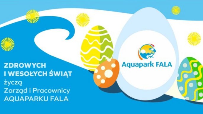 Kartka świąteczna - cztery pisanki, jedna z nich z logotypem Aquaparku FALA. Zdrowy i wesołych świąt życzą Zarząd i Pracownicy Aquaparku FALA 