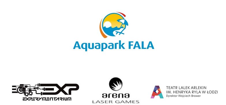 Logotypy: Aquapark FALA, Experymentarium, Arena Laser Games, Teatr Lalek Arlekin.