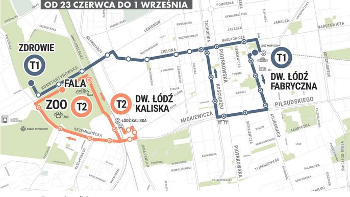 Fragment mapy Łodzi z zaznaczonymi trasami linii turystycznych kursujących od 23 czerwca do 1 września. T1 linia tramwajowa, T2 linia autobusowa. 