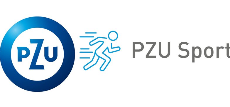 Grafika z logotypem firmy PZU. Niebieskie logo na białym tle. Napis: PZU Sport.