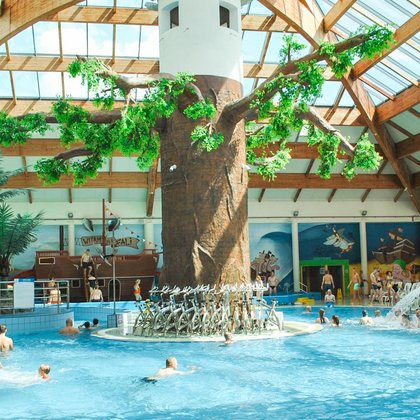 Wewnętrzny basen rekreacyjny pełen pływających ludzi w słoneczny dzień. Na półwyspie pośrodku basenu słup imitujący drzewo tropikalne i podtrzymujący przeszklony sufit. 