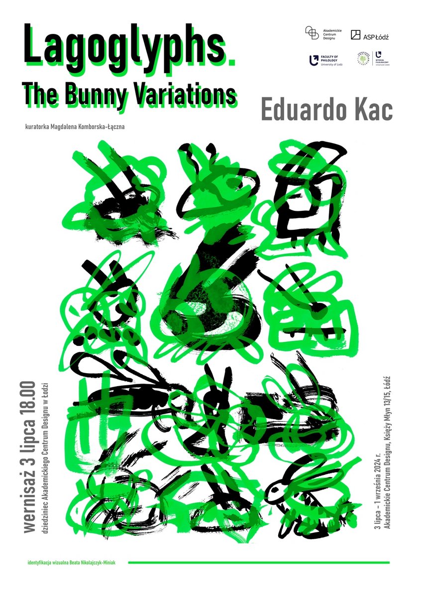 biały plakat z zielono-czarnymi szkicami, wykonanymi jakby grubym flamastrem, a przedstawiającymi m.in. króliki i owady
