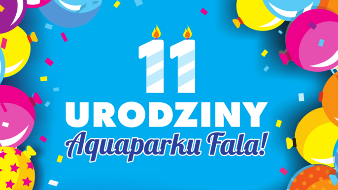 11 Urodziny Aquaparku FALA - grafika urodzinowa. Napis na niebieskim tle, a wokół niego różnokolorowe balony. 